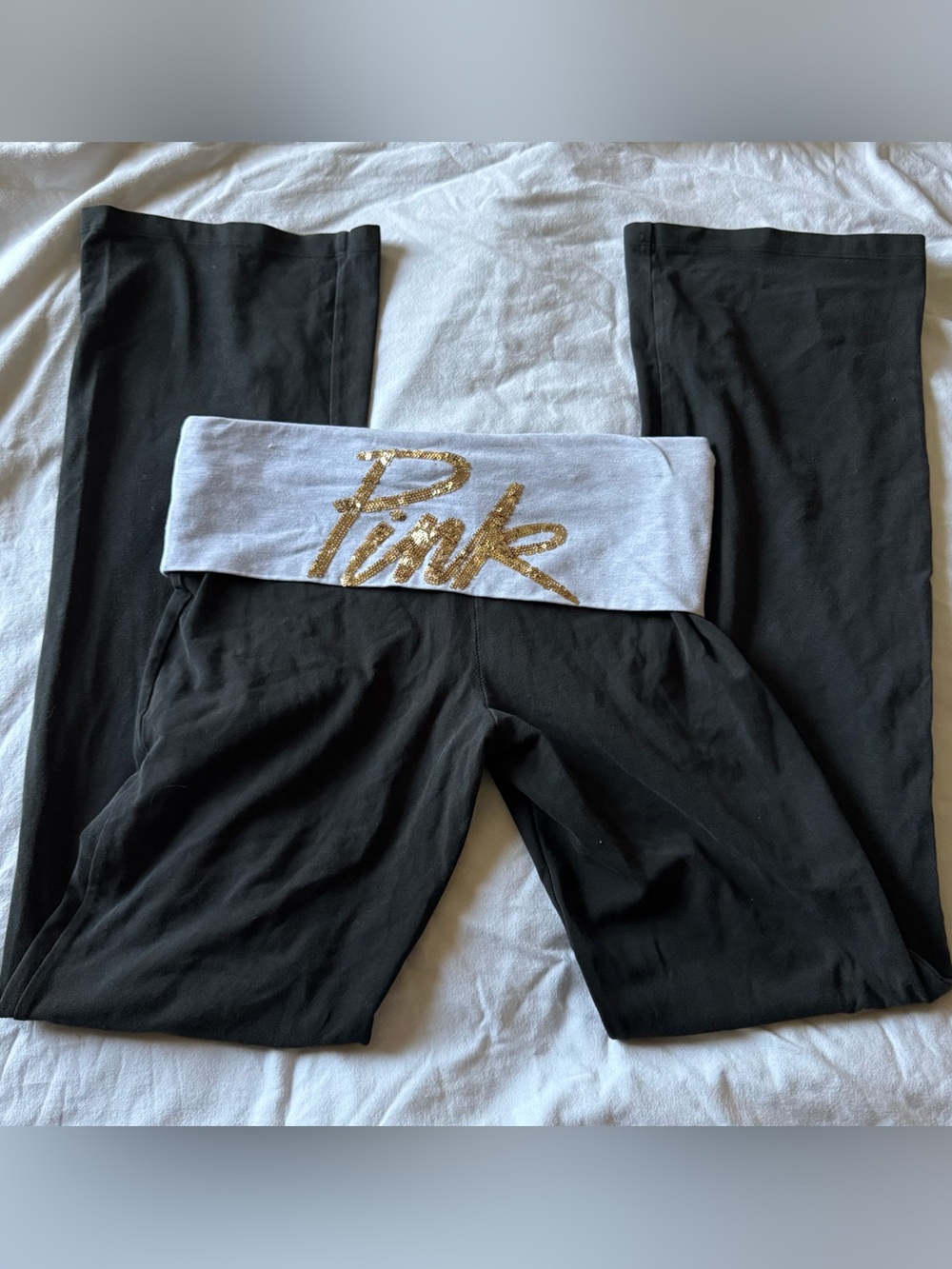 PINK Girls' Black Fold-Over Waist Yoga Pants with Gold Logo